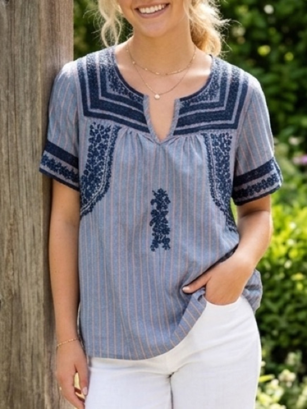 Dylan Mia Embroidered Bohemian Denim Red Stripe Cotton Top L